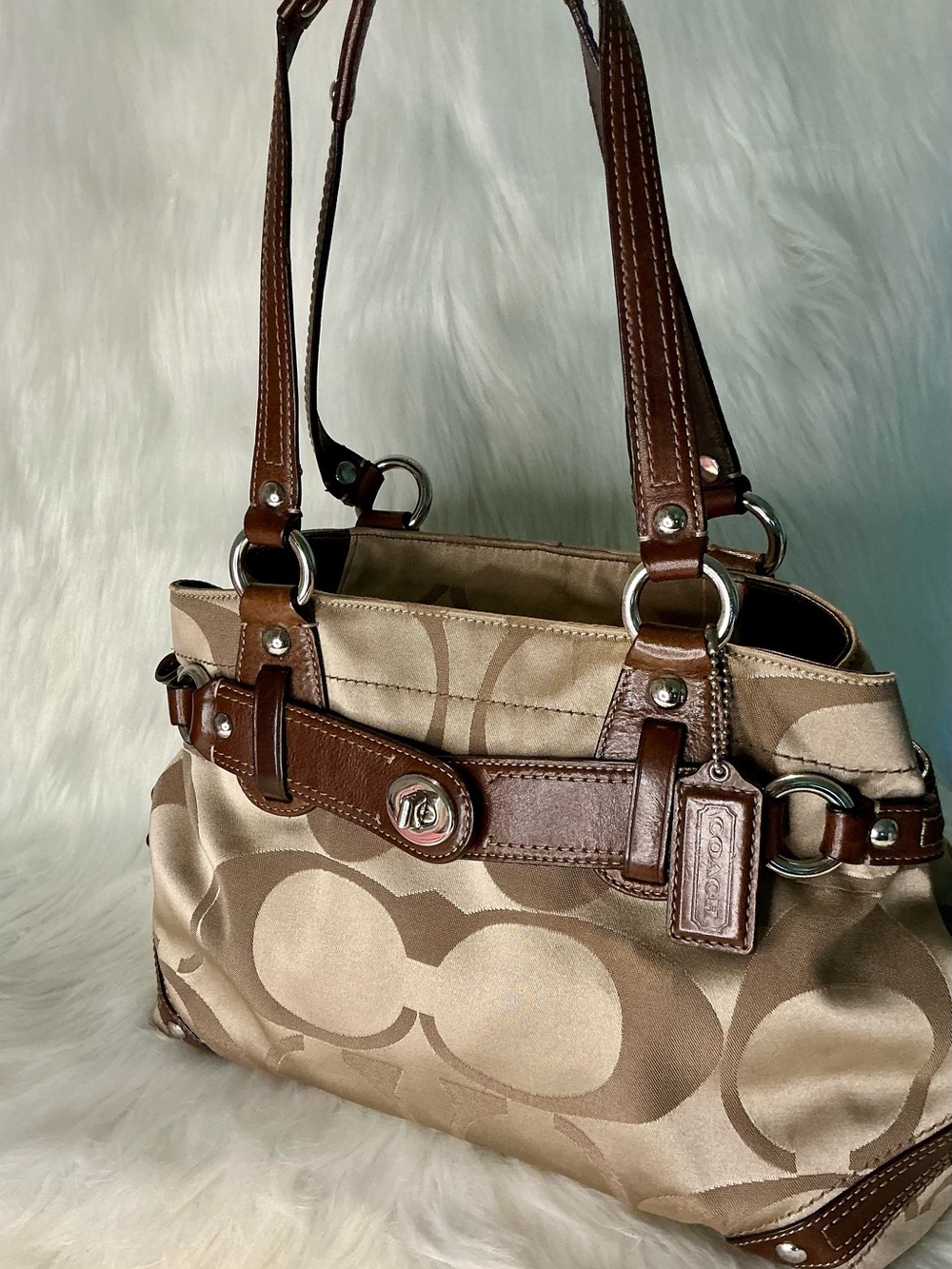 Classic Coach Beige CC Signature Satchel with Brown Leather Trim - Picture 6 of 8